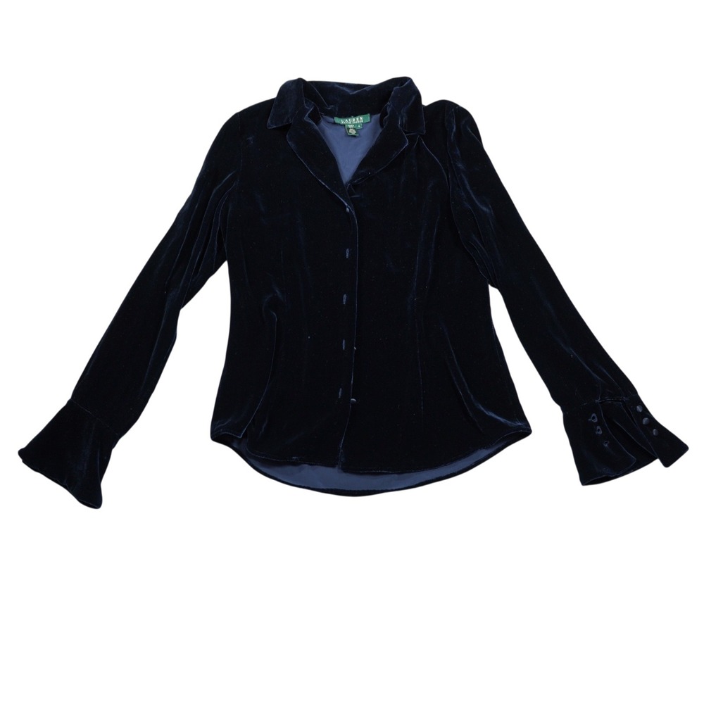 Lauren‎ Ralph Lauren Navy Blue Silk Blend Velvet Blouse Flared Cuffs Dramatic